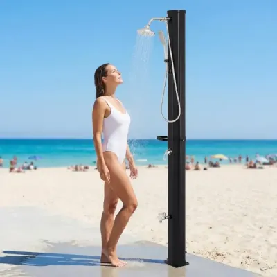 Podlahový prvek pro solární sprchu WPC + 35l solární sprcha s ruční sprchou včetně krytu – sada