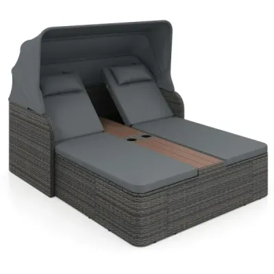 Ratanové lehátko pro 2 osoby Sonneninsel Outdoor se skládací stříškou, šedé