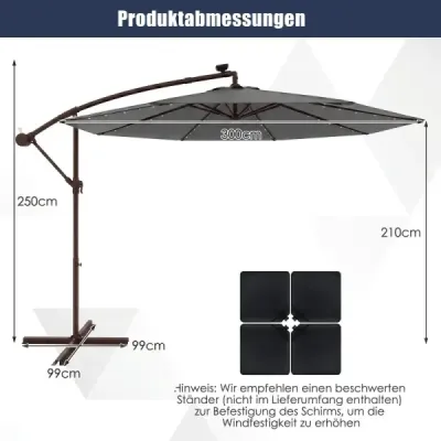 Slunečník 300 cm konzolový slunečník se 40 solárními LED světly a kličkou Šedý