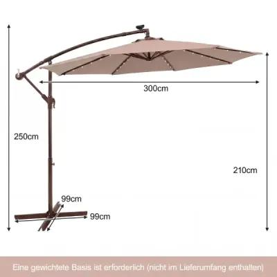 Závěsný slunečník 300 cm, 40 korálků, solární, naklápěcí, křížová základna, klika, do zahrady a k bazénu, světle hnědý