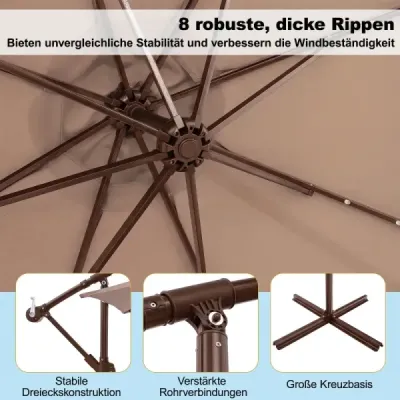 Závěsný slunečník 300 cm, 40 korálků, solární, naklápěcí, křížová základna, klika, do zahrady a k bazénu, světle hnědý