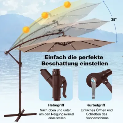 Závěsný slunečník 300 cm, 40 korálků, solární, naklápěcí, křížová základna, klika, do zahrady a k bazénu, světle hnědý
