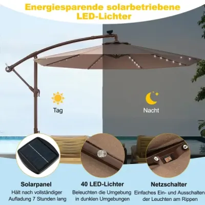 Závěsný slunečník 300 cm, 40 korálků, solární, naklápěcí, křížová základna, klika, do zahrady a k bazénu, světle hnědý