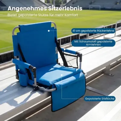 Stadionová židle – skládací venkovní židle s opěrkou zad a područkami, polstrovaný sedák, modrá