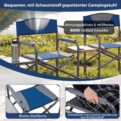 Režisérská židle – skládací kempingová židle s bočním stolkem a držákem na nápoje, modrá
