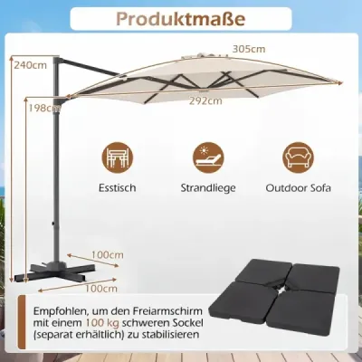 3m slunečník s výklopným ramenem, otočný o 360°, větrací otvor, křížová základna, klika, béžový