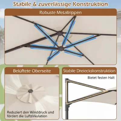 3m slunečník s výklopným ramenem, otočný o 360°, větrací otvor, křížová základna, klika, béžový