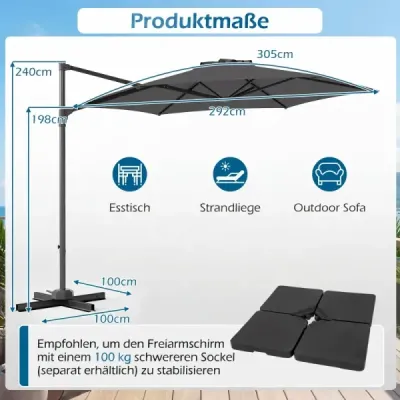 3m slunečník s výklopným ramenem, otočný o 360°, větrací otvor, křížová základna, klikou, šedý