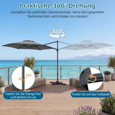 3m slunečník s výklopným ramenem, otočný o 360°, větrací otvor, křížová základna, klikou, šedý