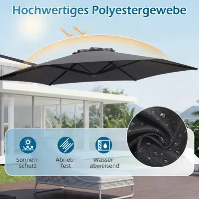 3m slunečník s výklopným ramenem, otočný o 360°, větrací otvor, křížová základna, klikou, šedý