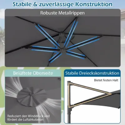 3m slunečník s výklopným ramenem, otočný o 360°, větrací otvor, křížová základna, klikou, šedý