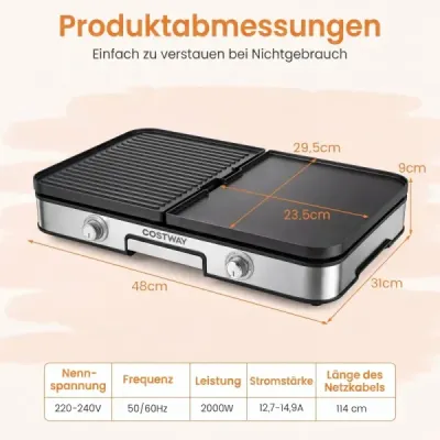 Elektrický stolní gril 3 v 1, 2000 W, s 2 samostatnými topnými zónami a 6 nastaveními teploty