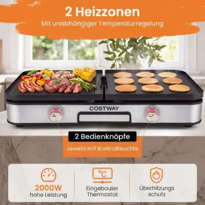 Elektrický stolní gril 3 v 1, 2000 W, s 2 samostatnými topnými zónami a 6 nastaveními teploty