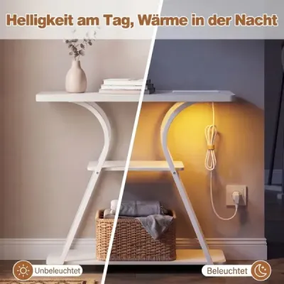 Konzole s LED osvětlením a nabíjecí stanicí Úzký stolek do předsíně se 3 odkládacími plochami, kovový rám a dálkové ovládání