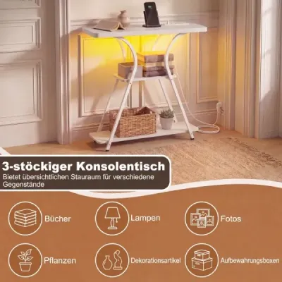 Konzole s LED osvětlením a nabíjecí stanicí Úzký stolek do předsíně se 3 odkládacími plochami, kovový rám a dálkové ovládání