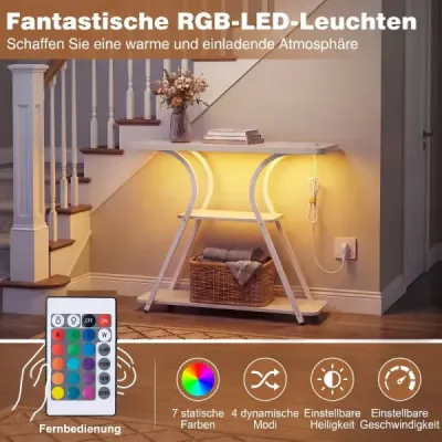 Konzole s LED osvětlením a nabíjecí stanicí Úzký stolek do předsíně se 3 odkládacími plochami, kovový rám a dálkové ovládání