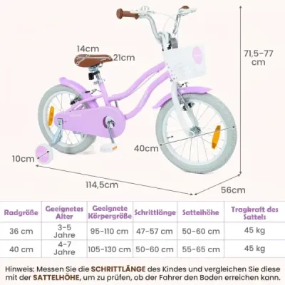 16palcové dětské kolo s pomocnými kolečky a košíkem, dětské kolo s výškově nastavitelnými řídítky a sedlem, fialove
