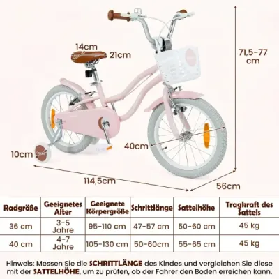 16palcové dětské kolo s pomocnými kolečky a košíkem, dětské kolo s výškově nastavitelnými řídítky a sedlem, růžové