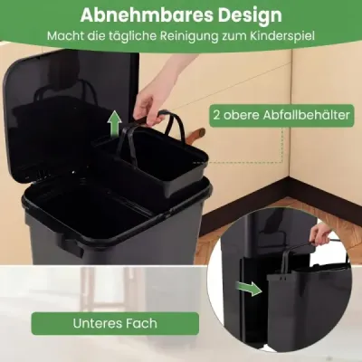 Odpadkový koš o objemu 36 l se 2 vyjímatelnými přihrádkami, výklopnou částí a samolepkami na třídění odpadu, černý