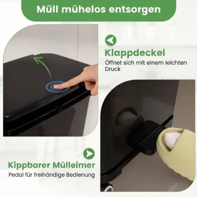 Odpadkový koš o objemu 36 l se 2 vyjímatelnými přihrádkami, výklopnou částí a samolepkami na třídění odpadu, černý