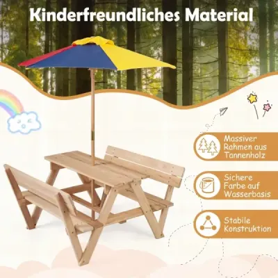 Dětský piknikový stůl se slunečníkem, dětská sedací souprava z jedlového dřeva se 2 lavicemi a opěradly
