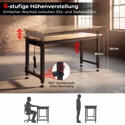 122 cm robustní pracovní stůl s nastavitelnou výškou, kovovým rámem, děrovanou deskou a podstavcem
