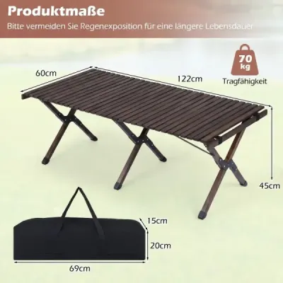 Skládací kempingový stůl, dřevěný piknikový stůl s navíjecí deskou, přenosný skládací stolek na kávu