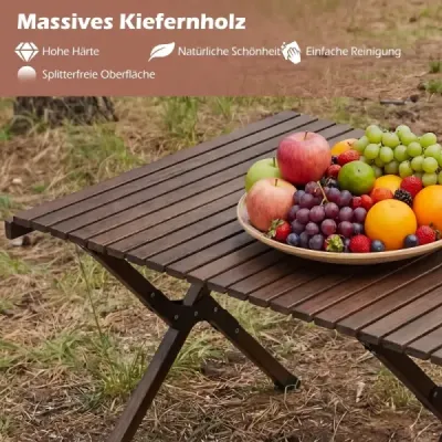 Skládací kempingový stůl, dřevěný piknikový stůl s navíjecí deskou, přenosný skládací stolek na kávu