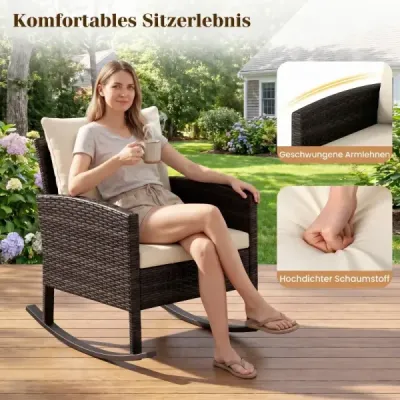 Zahradní sada nábytku, 3dílný ratanový balkonový nábytek se 2 houpacími křesly a skleněným stolem, béžová