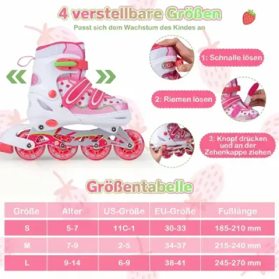Dětské inline brusle, 4 velikosti, nastavitelné inline brusle se svítícími kolečky, růžové M