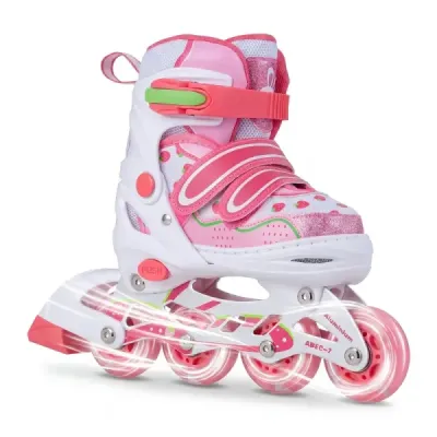 Dětské inline brusle, 4 velikosti, nastavitelné inline brusle se svítícími kolečky, růžové, S