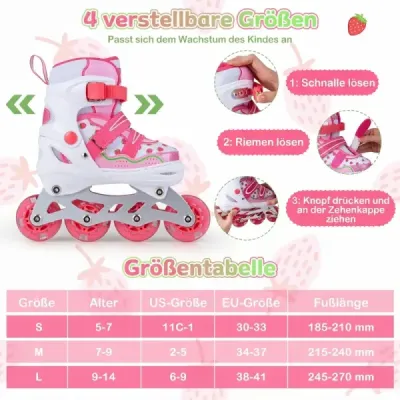 Dětské inline brusle, 4 velikosti, nastavitelné inline brusle se svítícími kolečky, růžové, S
