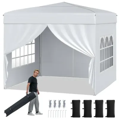Skládací pavilon 3 x 3 m se 4 odnímatelnými bočními panely, výškově nastavitelný ve 3 směrech, bílý