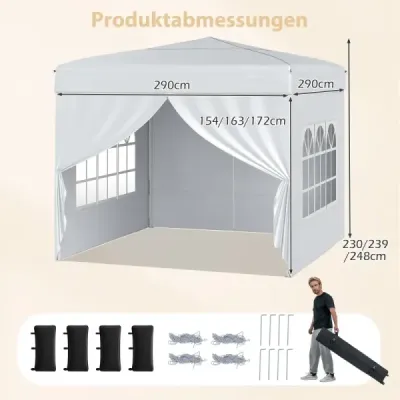 Skládací pavilon 3 x 3 m se 4 odnímatelnými bočními panely, výškově nastavitelný ve 3 směrech, bílý