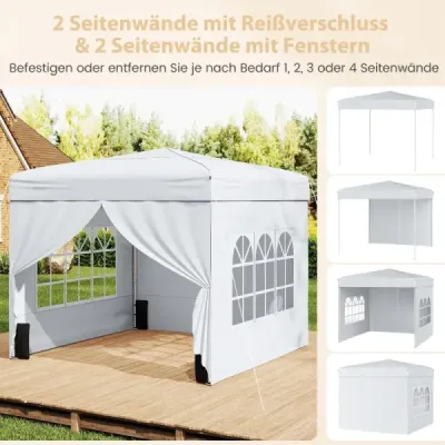Skládací pavilon 3 x 3 m se 4 odnímatelnými bočními panely, výškově nastavitelný ve 3 směrech, bílý
