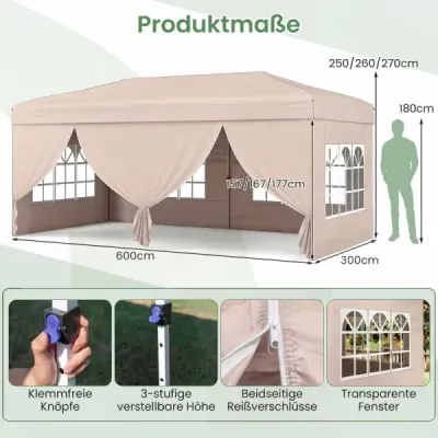 Skládací pavilon 3x6m s kovovým rámem, 6 bočními panely a 6 pytli s pískem, zahradní pavilon, šedý