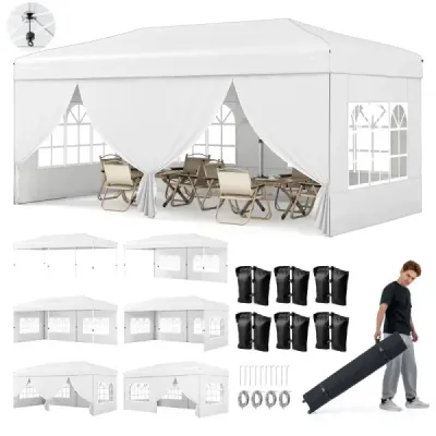 Skládací pavilon 3x6m s kovovým rámem, 6 bočními panely a 6 pytli s pískem, zahradní pavilon, bílý