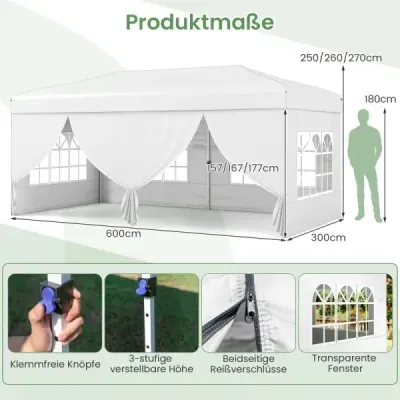 Skládací pavilon 3x6m s kovovým rámem, 6 bočními panely a 6 pytli s pískem, zahradní pavilon, bílý