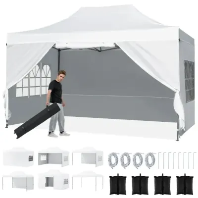 Skládací pavilon 3 x 4,5 m, odolný proti povětrnostním vlivům, se 4 bočními panely, kovový rám, bílý