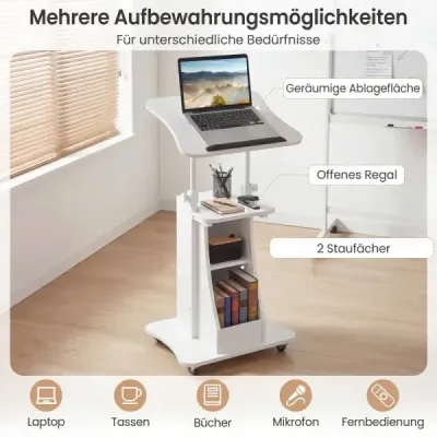 Pultík, výškově nastavitelný, stůl pro stání s kolečky a skládacím stolem, mobilní stůl pro stání, bílý