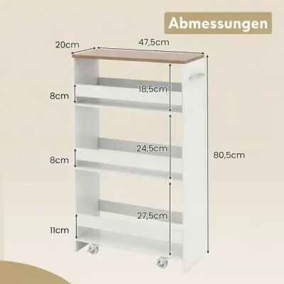 Kuchyňský vozík do niky šířka 20 cm, 4 police, úzký kuchyňský vozík, police do niky na kolečkách, 47,5 x 20 x 80,5 cm, bílá+přírodní