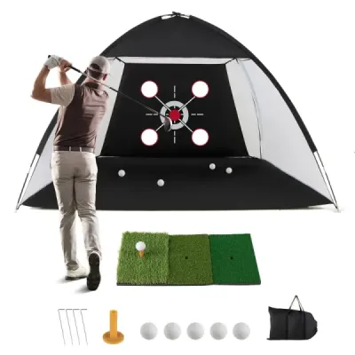 Tréninková golfová síť s odpalovací podložkou, sada golfové sítě s terčem, 5 míčky, odpaliště a zemní kotvy, 314 x 179 x 199 cm
