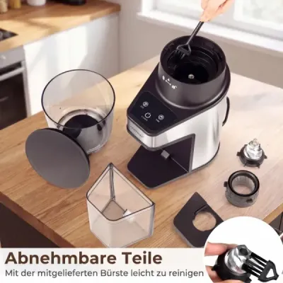 Elektrický mlýnek na kávu s kuželovým mlecím kamenem, mlýnek na espresso s 60 stupni mletí, časovač 1-60 s a kapacita 1-8 šálků