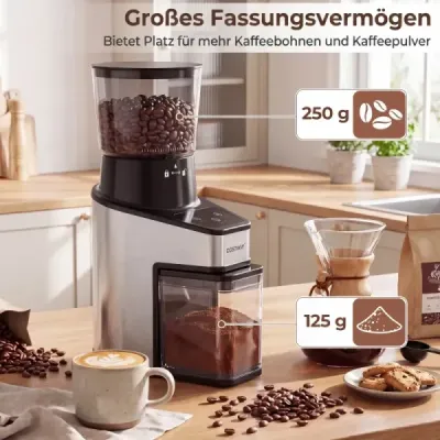 Elektrický mlýnek na kávu s kuželovým mlecím kamenem, mlýnek na espresso s 60 stupni mletí, časovač 1-60 s a kapacita 1-8 šálků