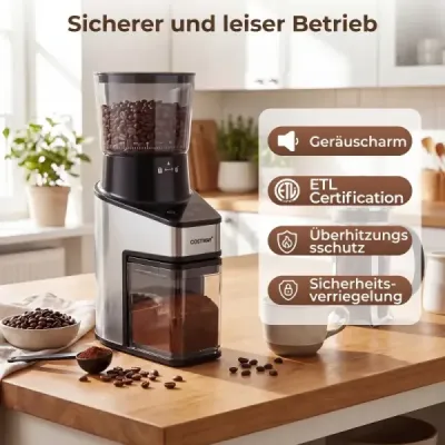 Elektrický mlýnek na kávu s kuželovým mlecím kamenem, mlýnek na espresso s 60 stupni mletí, časovač 1-60 s a kapacita 1-8 šálků