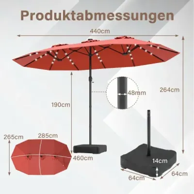 Dvojitý slunečník 460 x 285 cm, slunečník s LED osvětlením, klikou a stojanem, oranžový