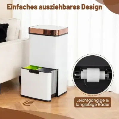Nerezový odpadkový koš o objemu 72 l s přihrádkou na kuchyňský odpad, 42 x 32–58 x 84–110 cm, zlatá+bílá