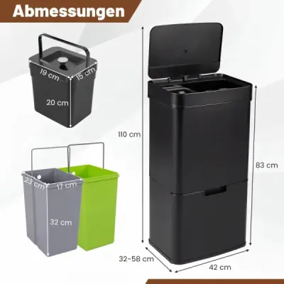 Odpadkový koš z nerezové oceli o objemu 72 l s přihrádkou na kuchyňský odpad, 42 x 32–58 x 84–110 cm, černý