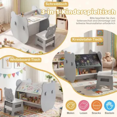 Sada 3 dětských aktivit - stůl a židle s oboustrannou tabulí a bílou tabulí, šedá + bílá