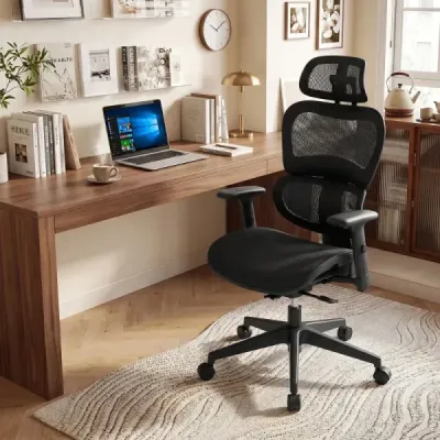 Ergonomická kancelářská židle se síťovinou, psací židle s nastavitelnými područkami a opěrkou hlavy, černá